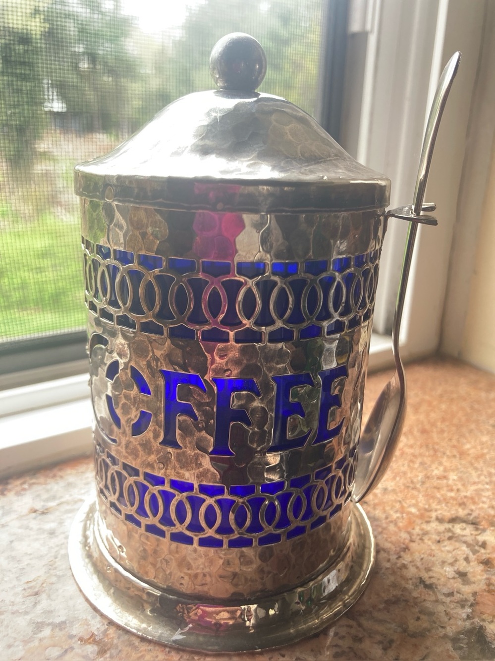 Hammered Silver Coffee Canister with Cobalt Blue Insets